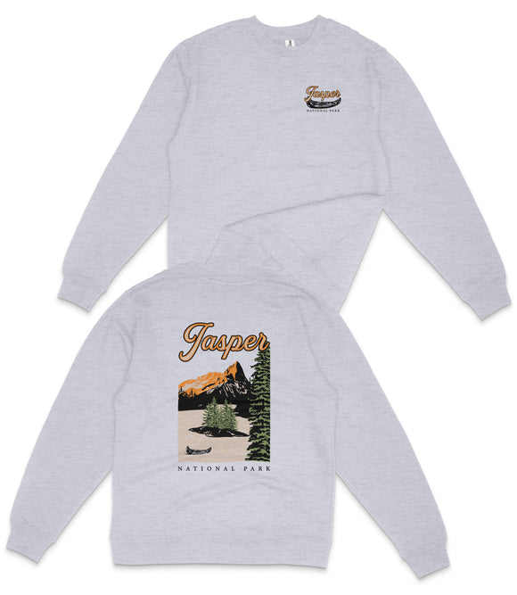 A grey sweatshirt with a graphic design depicting a scenic landscape with mountains, trees, and a river.