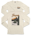 A cream-colored long-sleeved t-shirt with a graphic design depicting a scenic landscape with mountains, trees, and a lake, along with the text "Jasper National Park" printed on the back.