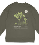 A grey sweatshirt with a graphic design depicting a Joshua tree and a moon on the back.