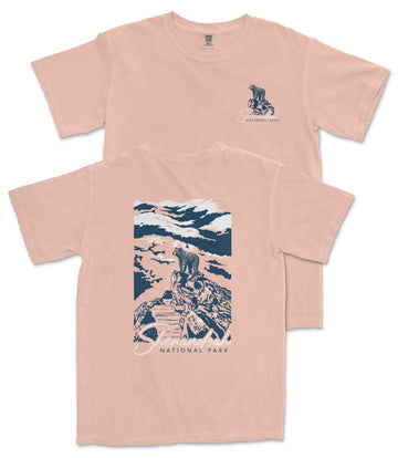 a pink t-shirt with a graphic design depicting a mountain landscape and a person riding a bicycle. The text on the t-shirt reads "Sterling National Park".