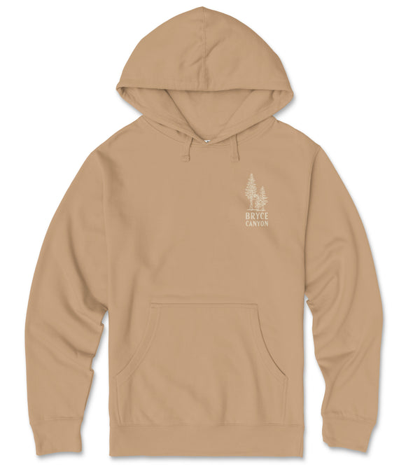 A beige hooded sweatshirt with a graphic design on the front.