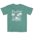 a t - shirt with a picture of a wave and palm trees