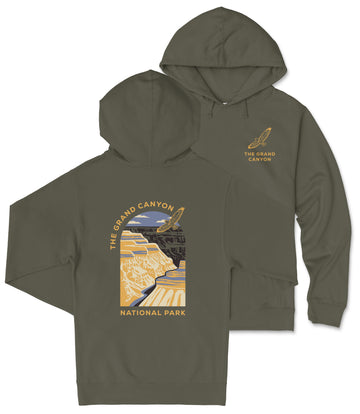 A grey hooded sweatshirt with a graphic design depicting the Grand Canyon and the text "The Grand Canyon National Park" printed on it.