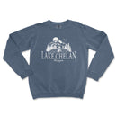 a blue sweatshirt with the lake chelan logo on it