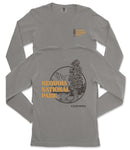 a gray long-sleeved t-shirt with a graphic design and text printed on the back.