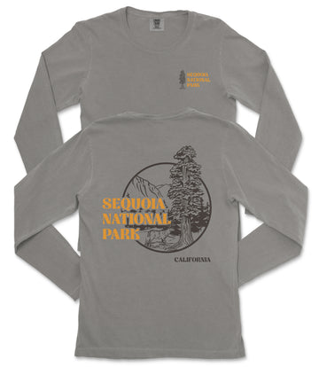 a gray long-sleeved t-shirt with a graphic design and text printed on the back.