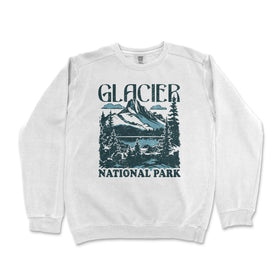 a white sweatshirt with the words glacier national park printed on it