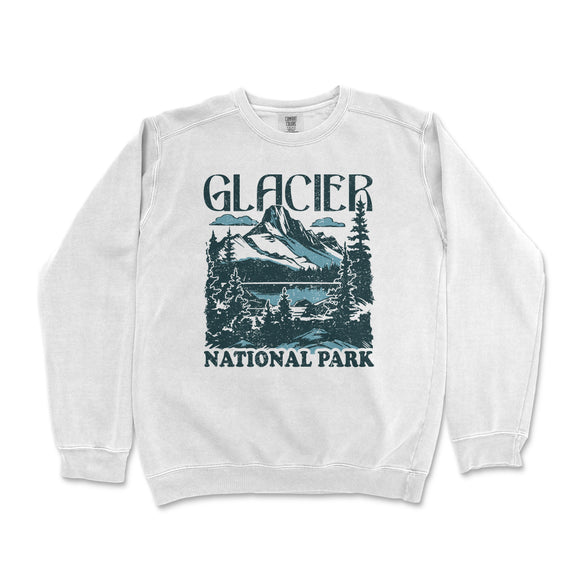 a white sweatshirt with the words glacier national park printed on it