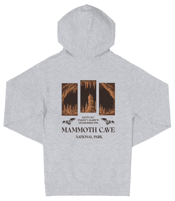 A grey hooded sweatshirt with a graphic design depicting the Mammoth Cave National Park in Kentucky.