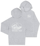 A gray hooded sweatshirt with a graphic design and text printed on it.