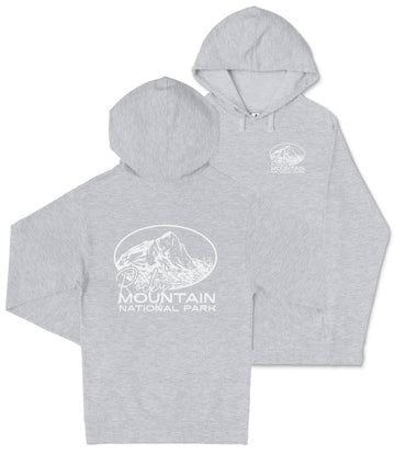 A gray hooded sweatshirt with a graphic design and text printed on it.