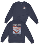 A navy blue sweatshirt with a graphic design depicting a desert landscape and the text "PETRIFIED FOREST NATIONAL PARK ARIZONA" printed on the back.
