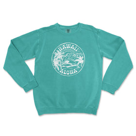 a green sweatshirt with a white hawaii island design