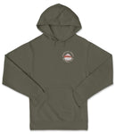 A dark green hooded sweatshirt with a logo on the front.