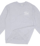 A gray long-sleeved shirt with a white logo on the left side.