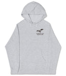 A gray hooded sweatshirt with a graphic design and text on the front.