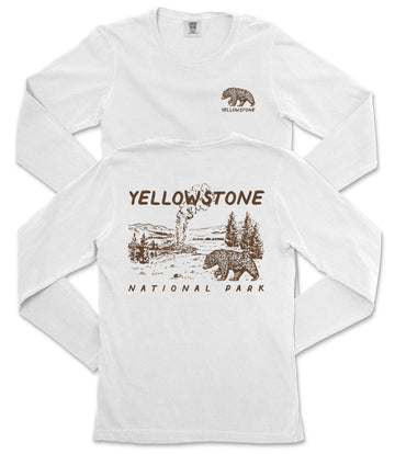 A white long-sleeved t-shirt with a graphic design depicting a bear and a landscape, along with the text "Yellowstone National Park" printed on it.