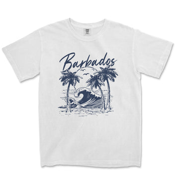 a white t - shirt with an image of a wave and palm trees