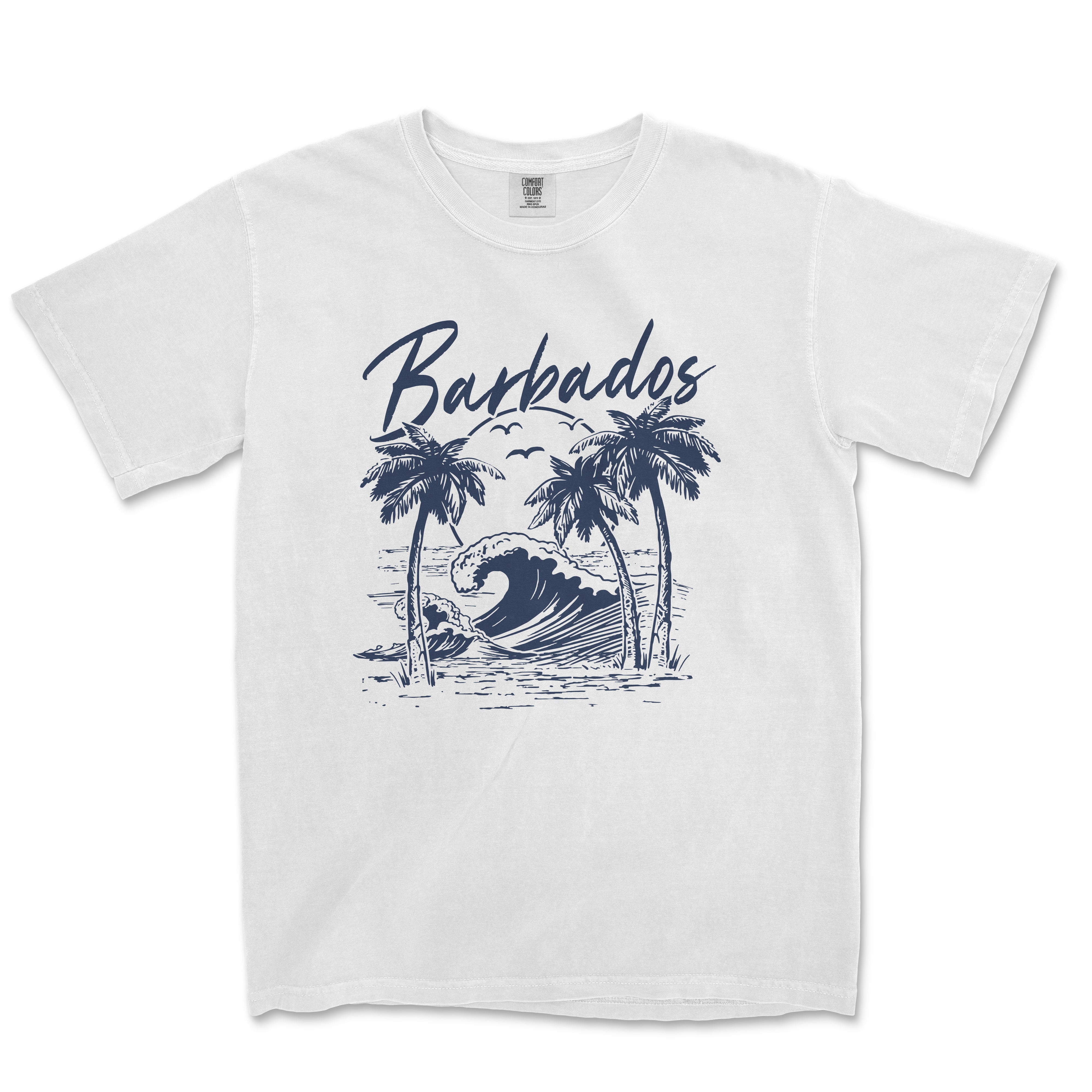 a white t - shirt with an image of a wave and palm trees