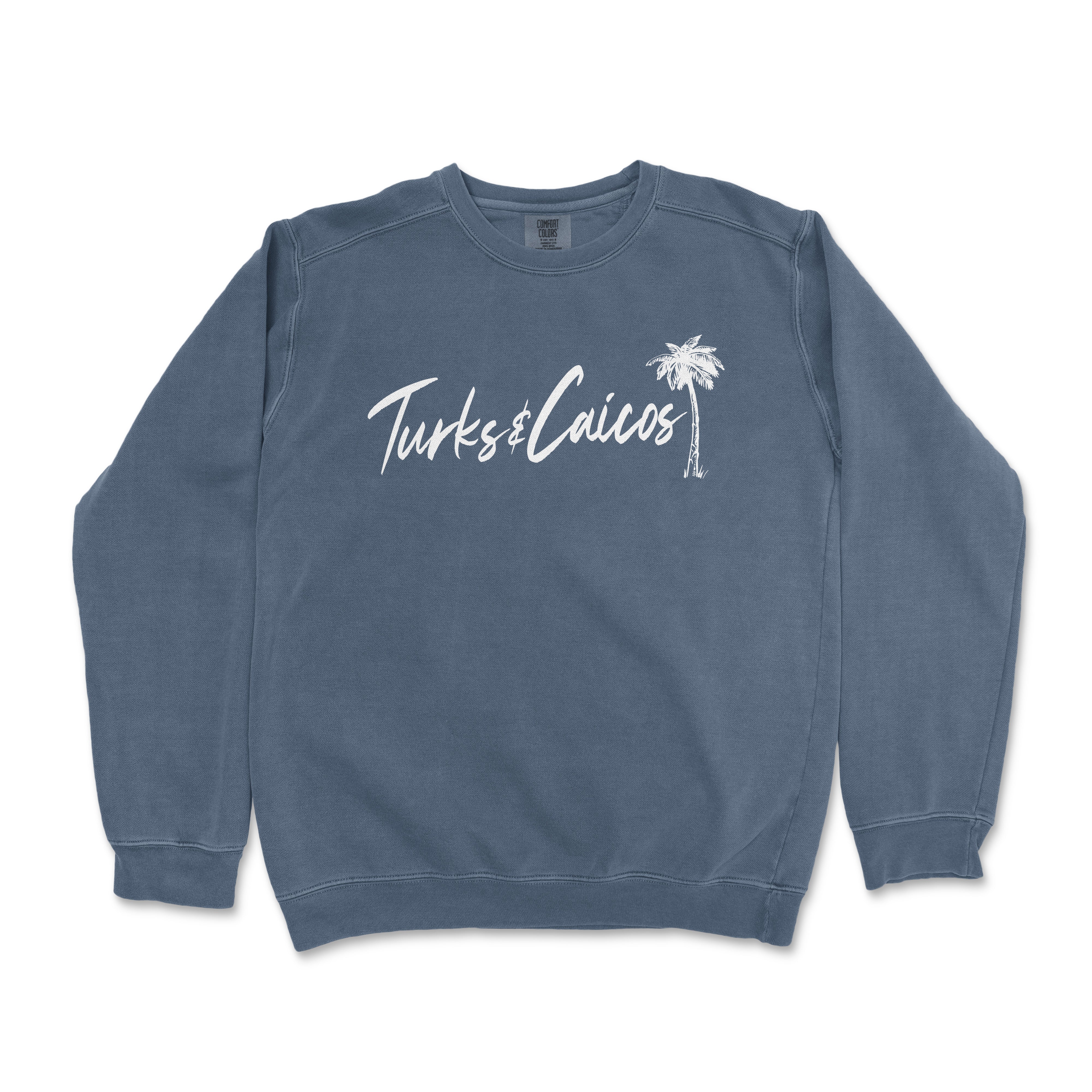 a blue sweatshirt with a palm tree on it