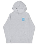 A gray hooded sweatshirt with a blue graphic on the left side.