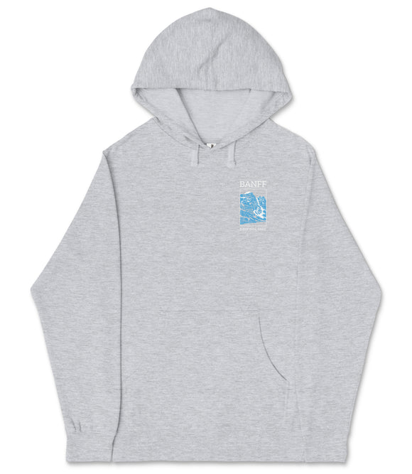 A gray hooded sweatshirt with a blue graphic on the left side.