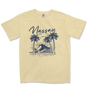 a t - shirt with a picture of a wave and palm trees