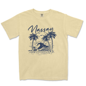 a t - shirt with a picture of a wave and palm trees