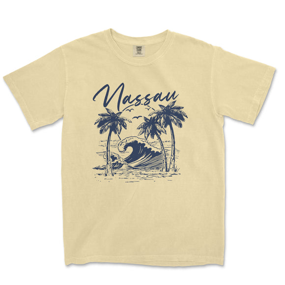 a t - shirt with a picture of a wave and palm trees