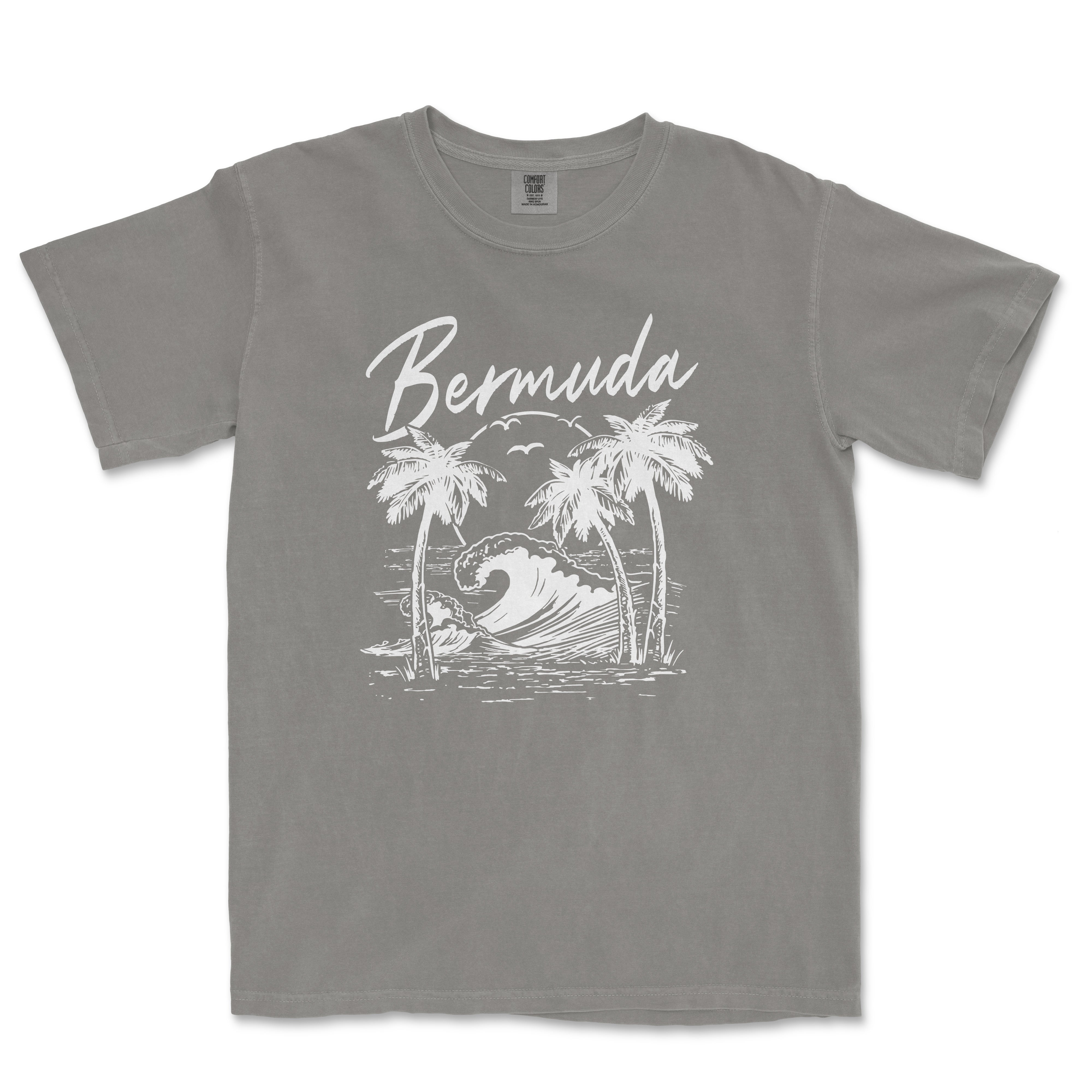 a gray shirt with a picture of a wave and palm trees