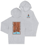 A gray hooded sweatshirt with a graphic design featuring a person climbing a steep cliff, along with the text "ZION NATIONAL PARK" printed on the front.