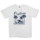 a white t - shirt with an image of a wave and palm trees