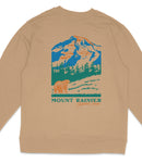 A beige sweatshirt with a graphic design depicting a mountain landscape with a bear in the foreground.