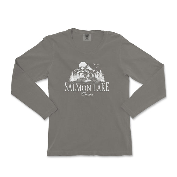 a gray long sleeve shirt with the words salmon lake on it