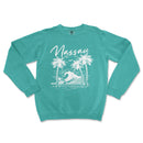 a green sweatshirt with a picture of a wave and palm trees