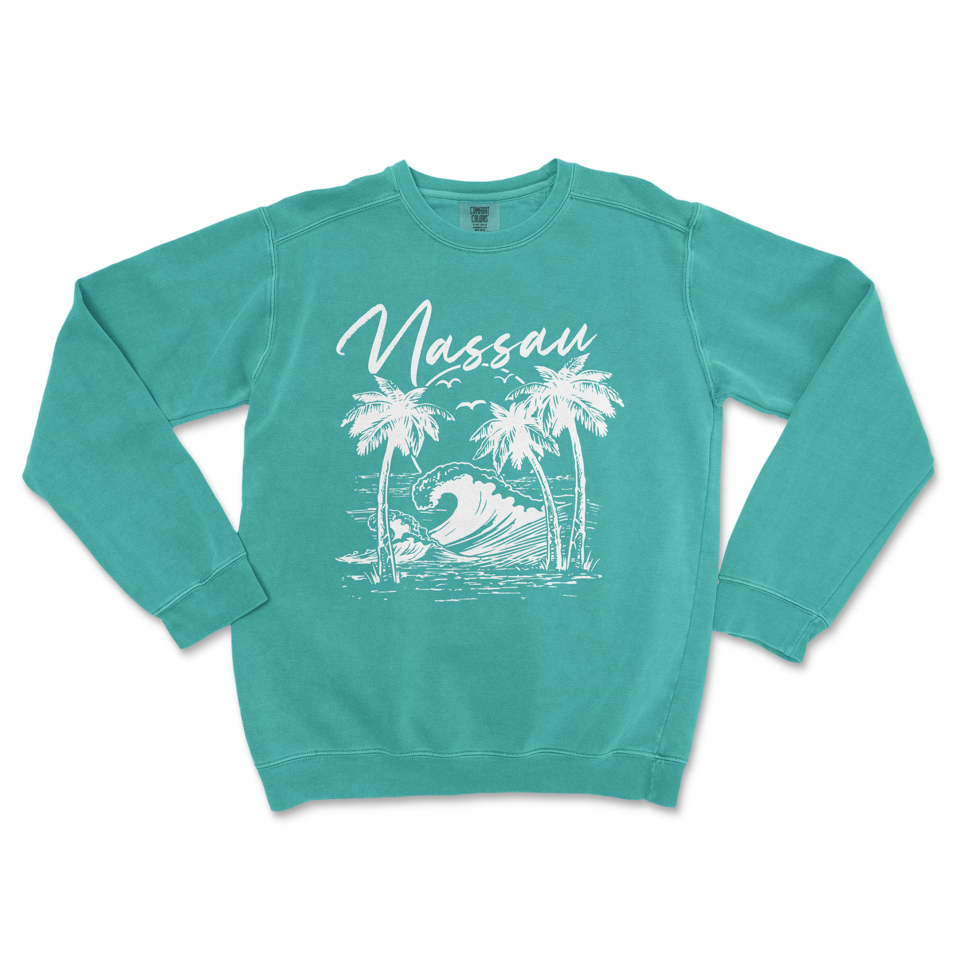 a green sweatshirt with a picture of a wave and palm trees