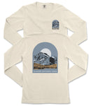 A cream-colored long-sleeved t-shirt with a graphic design depicting a mountain landscape and the text "Glacier National Park" printed on it.
