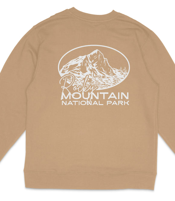 A beige sweatshirt with a white graphic design depicting a mountain and the text "Rocky Mountain National Park" printed on it.