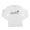 a white long - sleeved shirt with a palm tree on the front