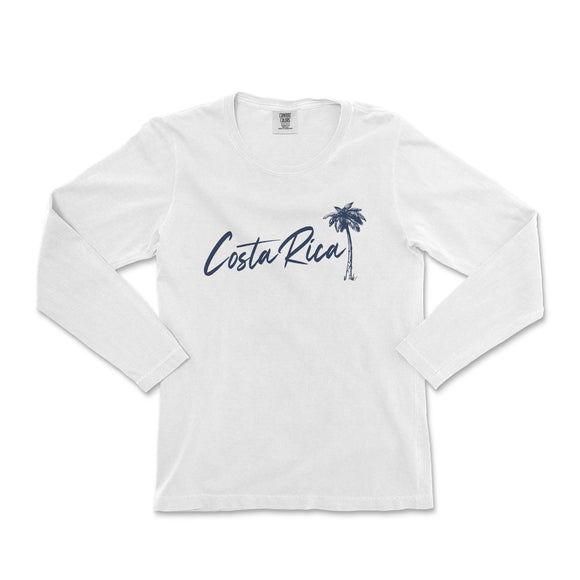 a white long - sleeved shirt with a palm tree on the front
