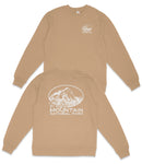 a beige sweatshirt with a graphic design and text on the back.