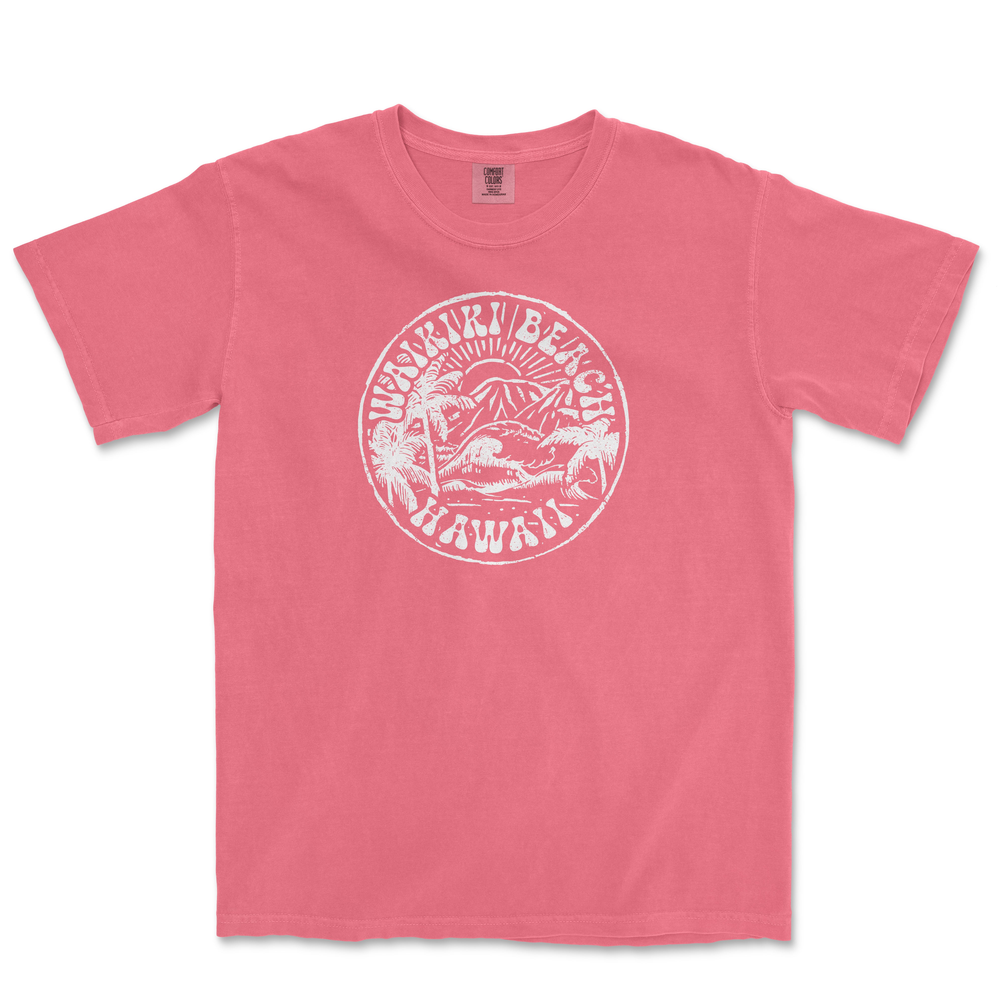 a pink t - shirt with a white logo on it