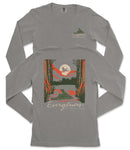 a gray long-sleeved t-shirt with a graphic design depicting a serene landscape with a lake, trees, and a bird in flight. The text on the t-shirt reads "EVERGREENES NATIONAL PARK" and "EVERGREENES".