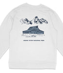 A white sweatshirt with a graphic design depicting a cabin and mountains, along with the text "GRAND Teton NATIONAL PARK".