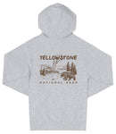 A grey hooded sweatshirt with a graphic design depicting a landscape with a bear and trees, along with the text "Yellowstone National Park".