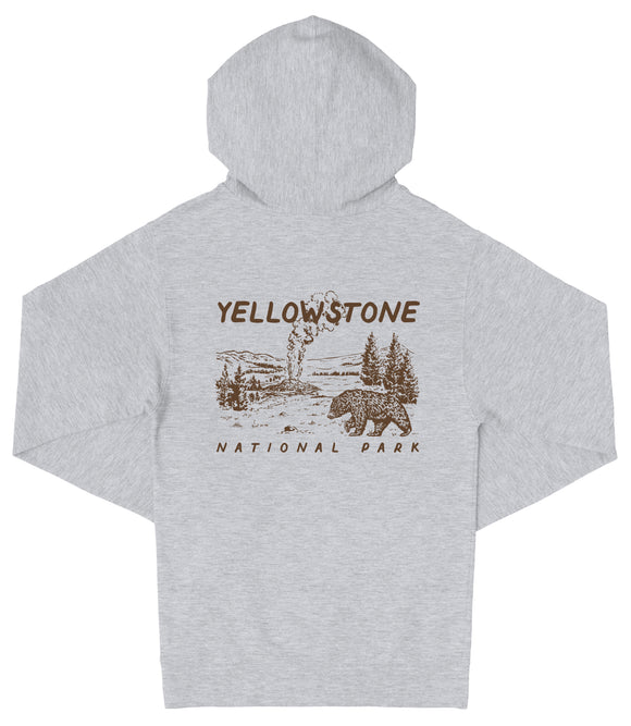 A grey hooded sweatshirt with a graphic design depicting a landscape with a bear and trees, along with the text "Yellowstone National Park".