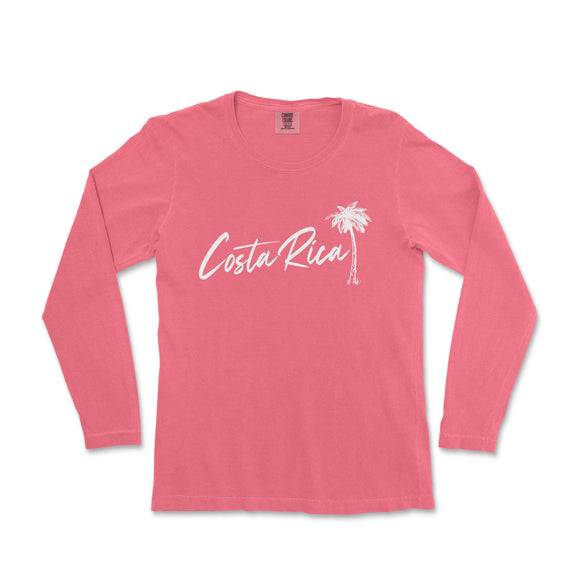 a pink shirt with a palm tree and the word costa rica on it