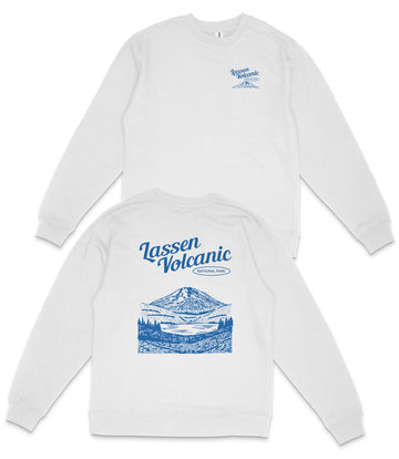 A white long-sleeved shirt with a graphic design on the back featuring a mountain landscape and the text "Lassen Volcanic Park" printed on it.