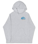 A gray hooded sweatshirt with a logo on the left side.