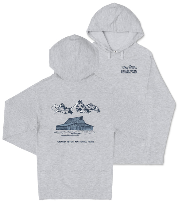 A gray hooded sweatshirt with a graphic design depicting a cabin and mountains, along with the text "Grand Teton National Park".